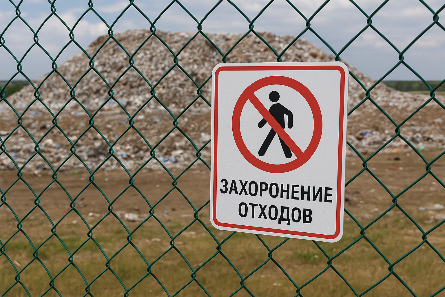 Фотография огороженного полигона для захоронения отходов с предупреждающим знаком на заборе и кучами мусора на заднем плане.