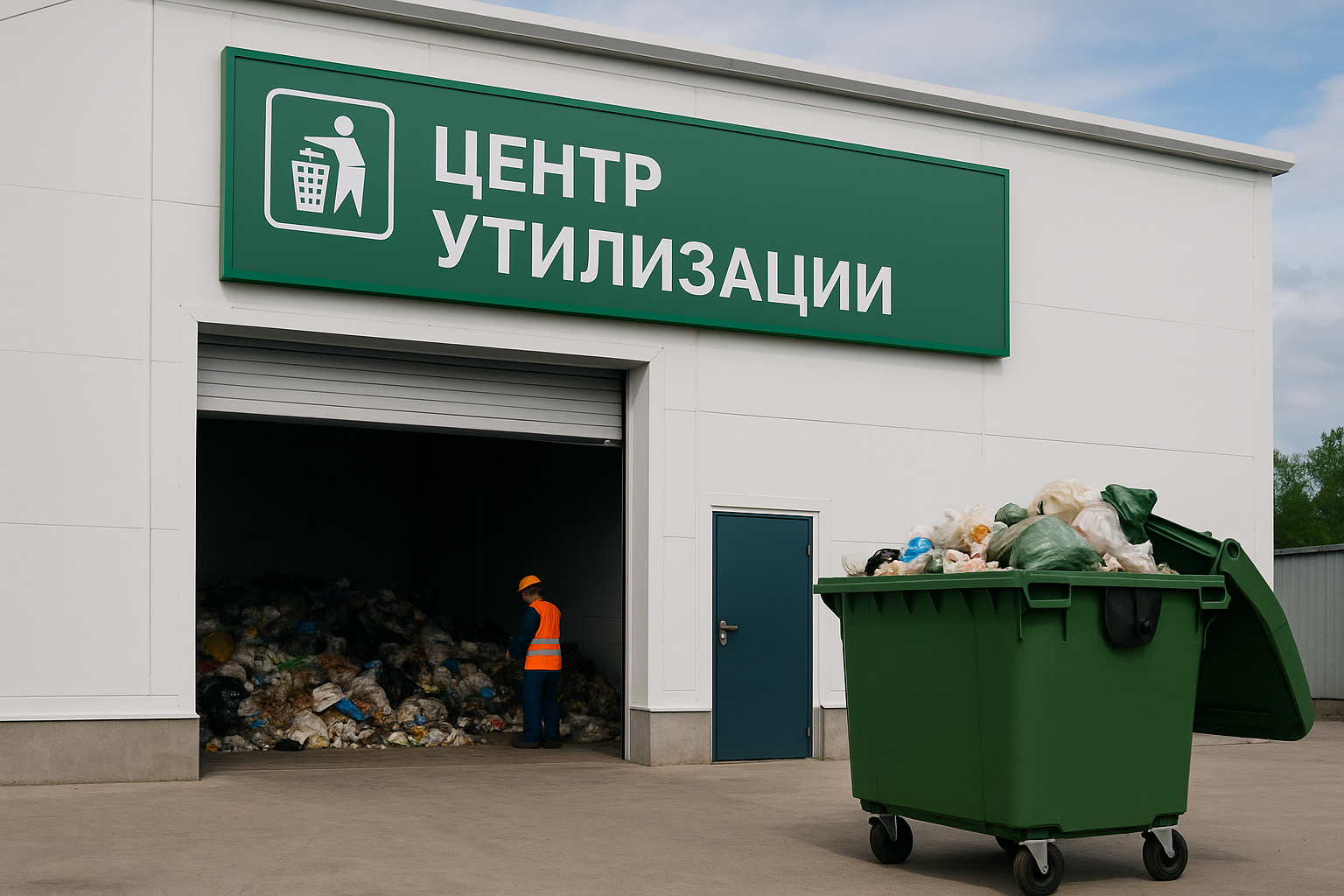 Современный центр утилизации с большим зеленым указателем, рядом рабочий в спецодежде проверяет отходы внутри здания, на переднем плане — переполненный контейнер для мусора.