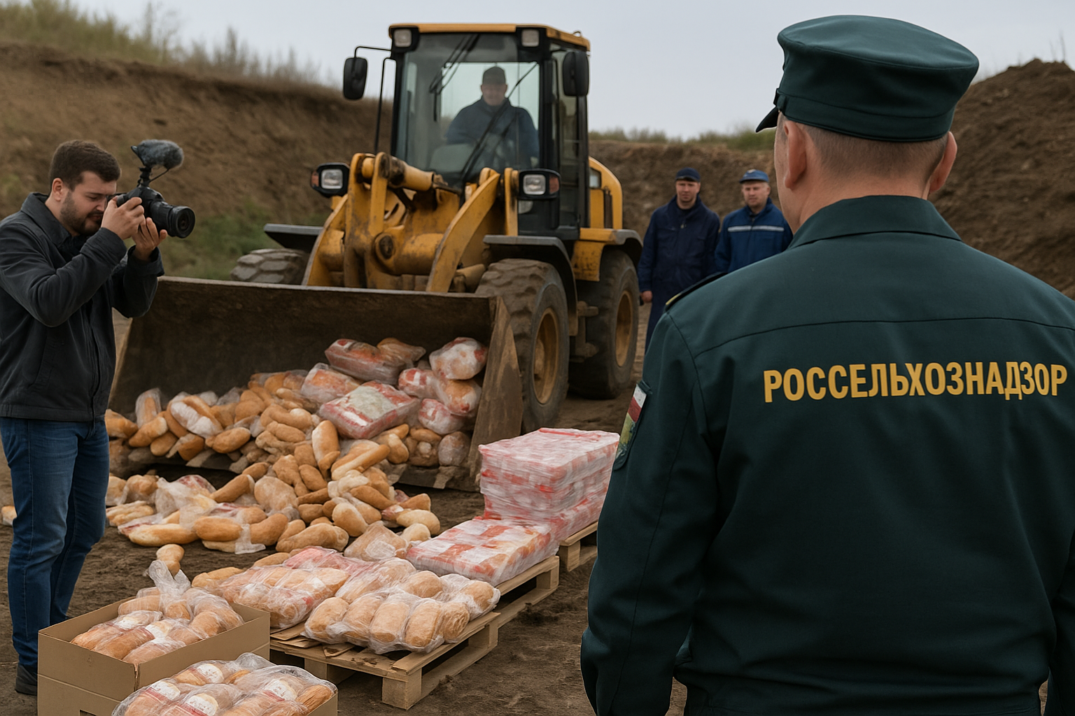 Инспекторы Россельхознадзора и понятые фиксируют процесс уничтожения санкционной продукции с помощью фото- и видеосъемки, рядом работает бульдозер.