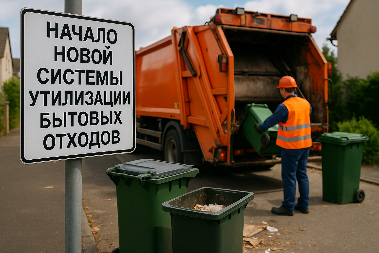 Рабочий в спецодежде выгружает мусорный контейнер в оранжевый мусоровоз, на переднем плане установлен знак с надписью «Начало новой системы утилизации бытовых отходов».