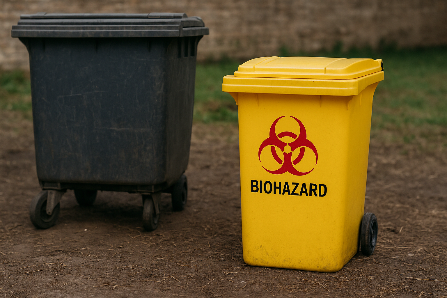 Жёлтый контейнер с надписью «BIOHAZARD» и символом биологической опасности стоит рядом с серым мусорным баком на открытом участке земли.