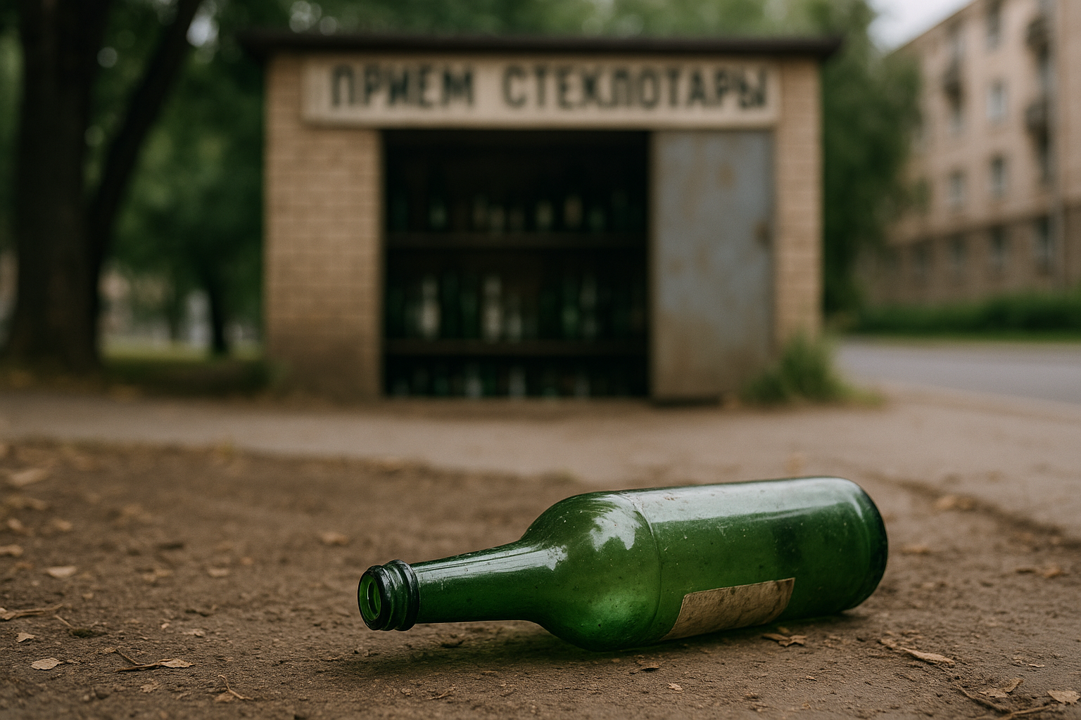 Пустая зеленая стеклянная бутылка валяется на земле перед пунктом приема стеклотары в советском стиле.