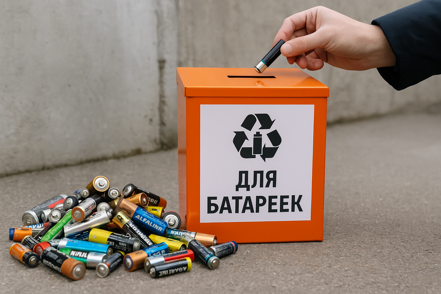 Оранжевый контейнер для утилизации батареек с надписью «Для батареек», рядом на асфальте лежит куча использованных батареек, рука опускает одну в урну.