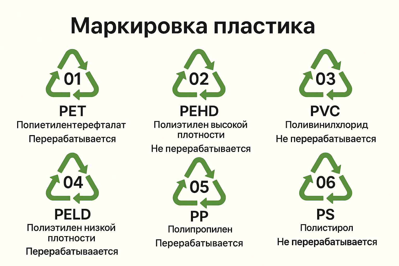 Инфографика „Маркировка пластика“: семь символов переработки от 01 до 06 с подписями и пометками о перерабатываемости.
