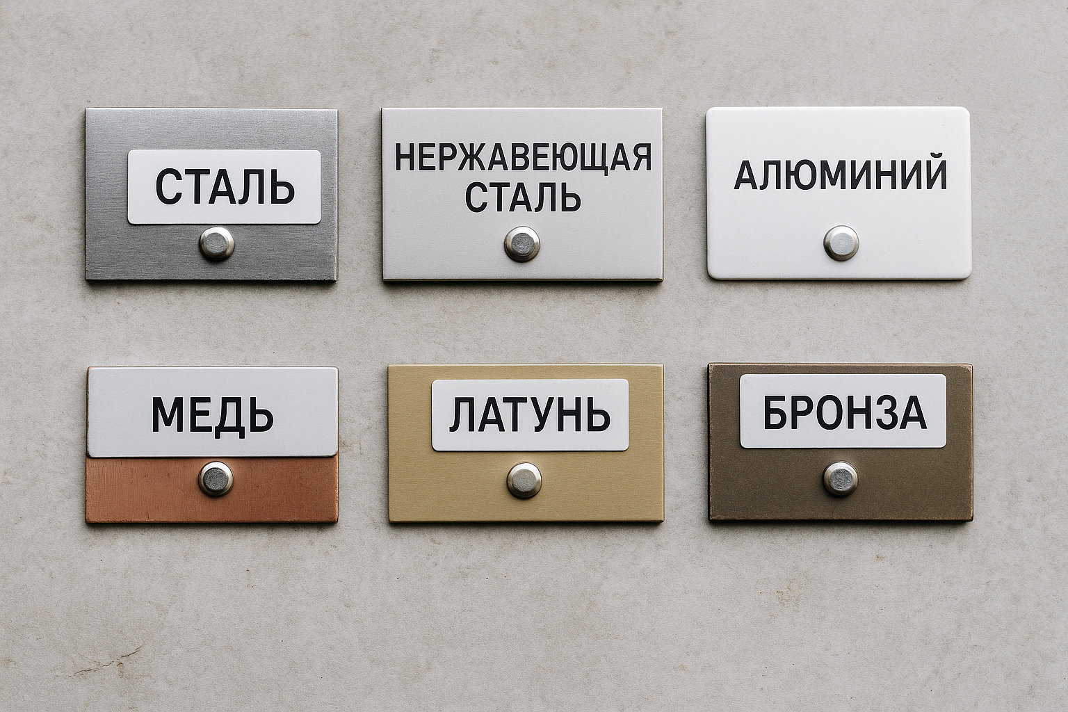 Таблички с образцами металлов и подписями на русском языке: сталь, нержавеющая сталь, алюминий, медь, латунь и бронза.