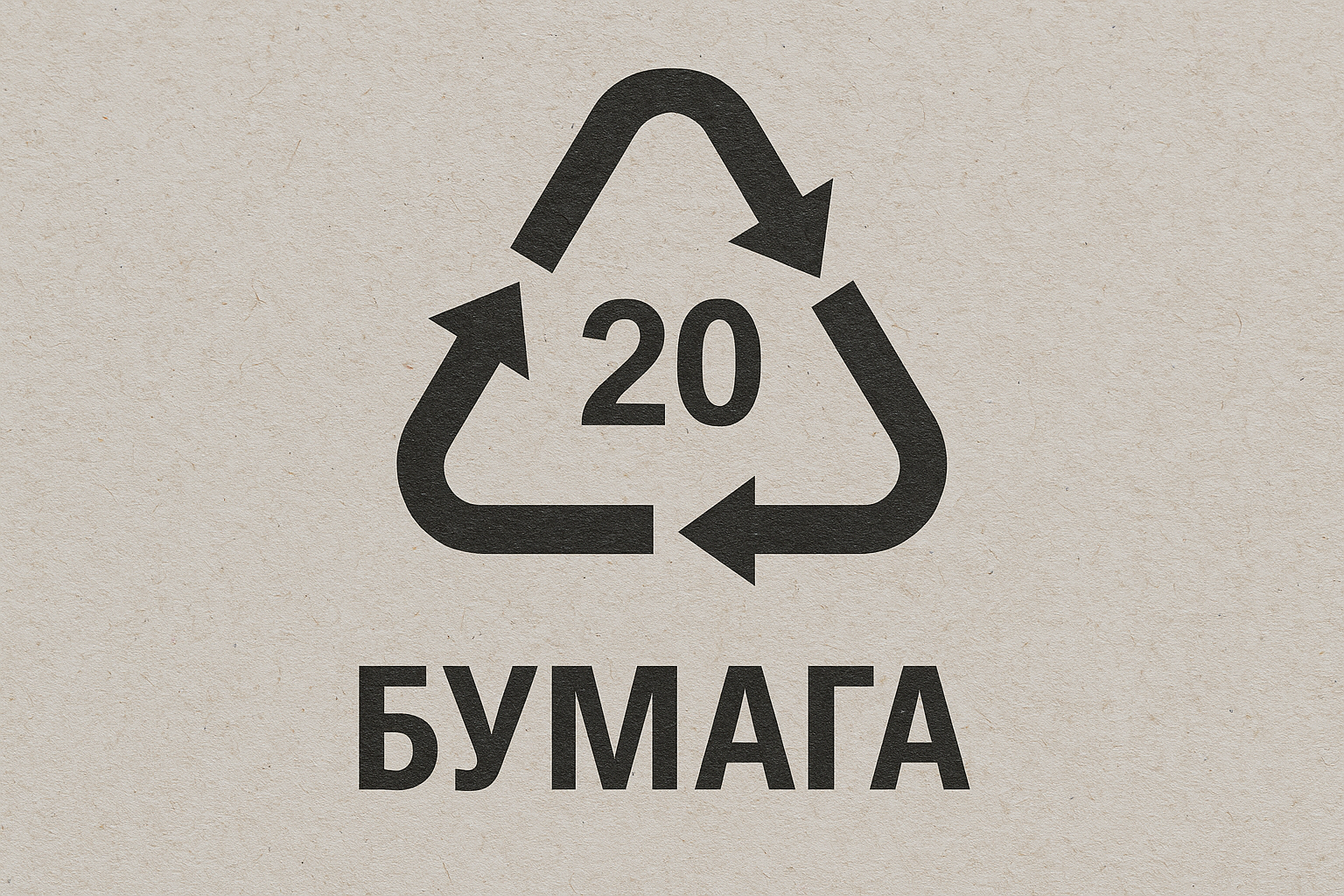 Маркировка переработки бумаги: черный треугольник из стрелок с цифрой 20 внутри и надписью «БУМАГА» на фоне серой фактурной бумаги.