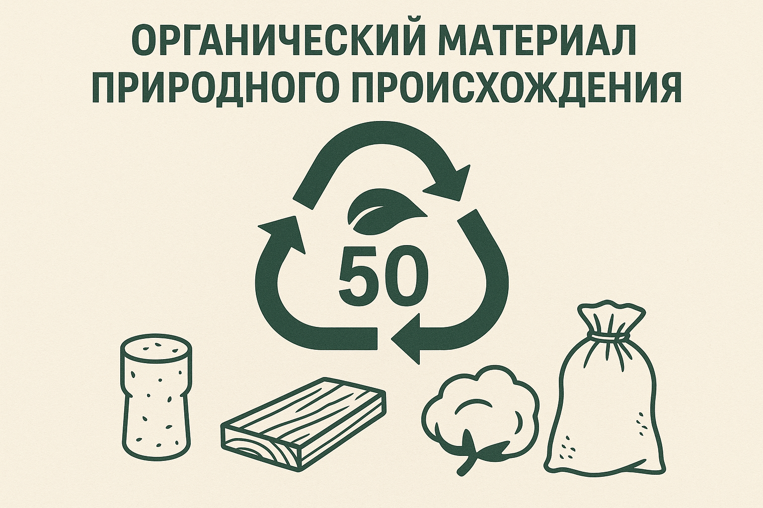 Информационный знак с маркировкой органических отходов: знак переработки с цифрой 50 и аббревиатурой FOR, сопровождаемый изображениями пробки, деревянной доски, хлопка и мешка из джута.
