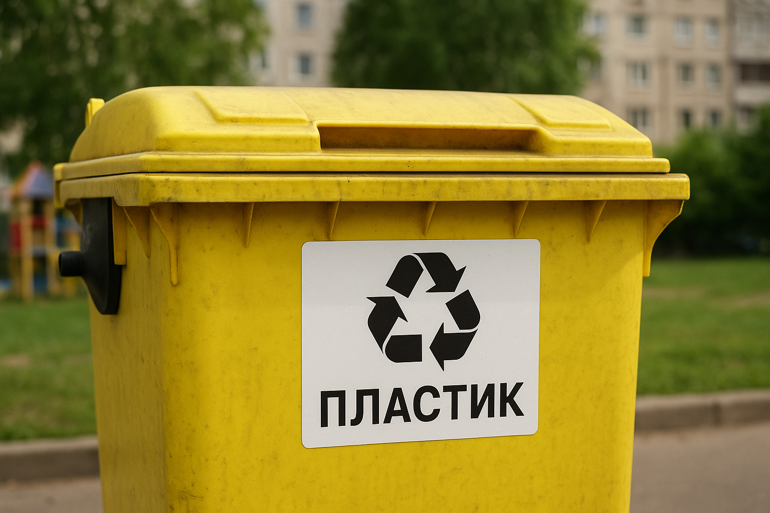 Желтый контейнер для переработки пластика с маркировкой «ПЛАСТИК» и символом переработки на фоне двора с жилым домом и детской площадкой.