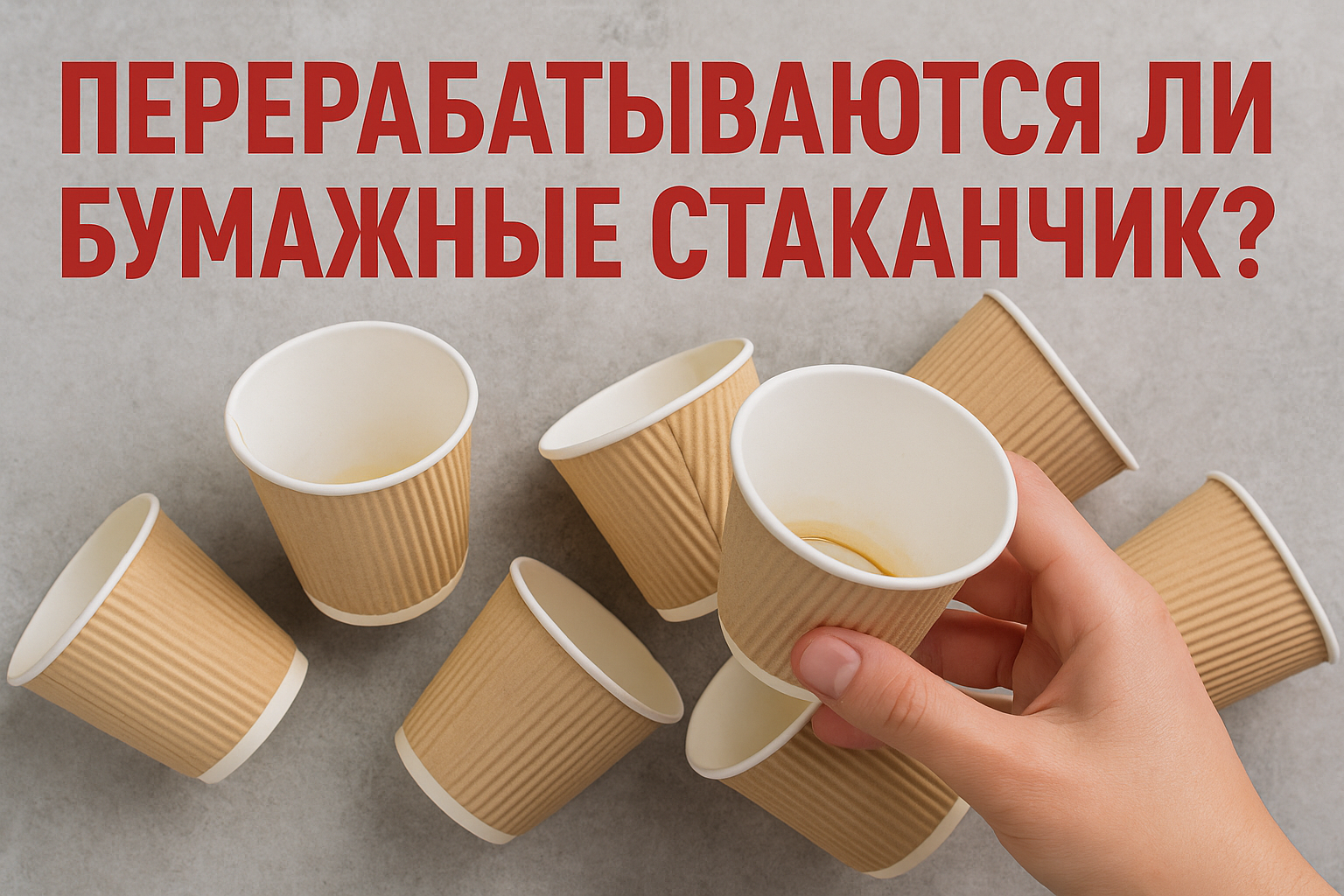 Несколько использованных бумажных стаканчиков с пятнами от напитков лежат на серой поверхности, один стакан держит рука; сверху надпись: «Перерабатываются ли бумажные стаканчики?»