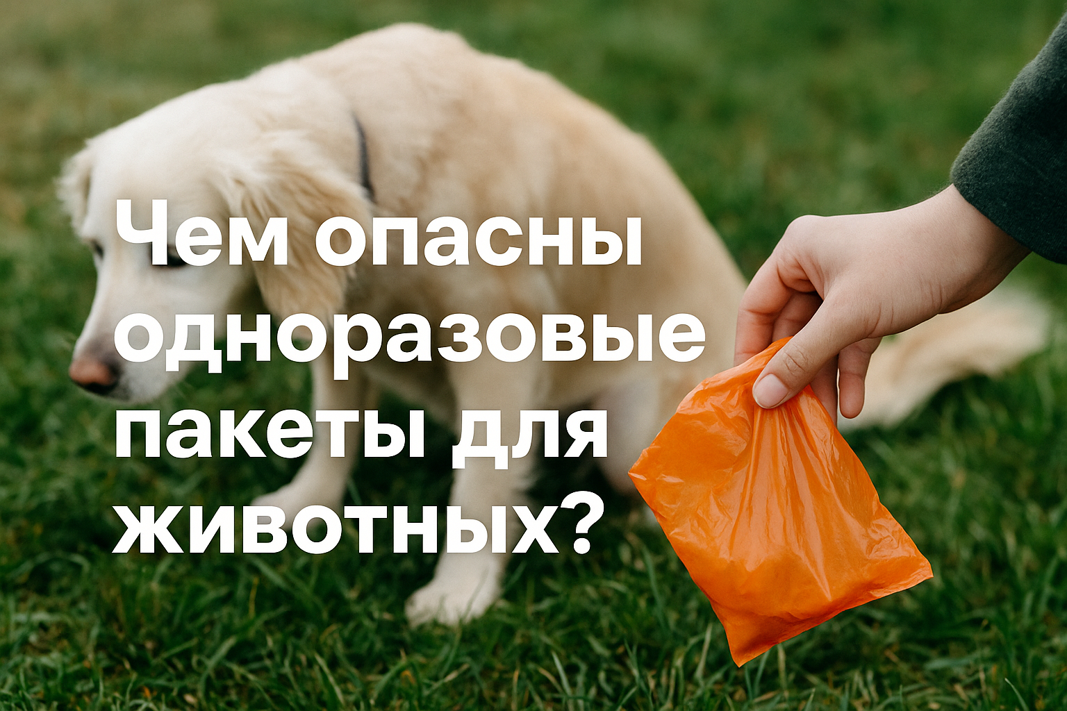 Собака на траве и рука человека с оранжевым пластиковым пакетом; на фото размещен текст «Чем опасны одноразовые пакеты для животных?».